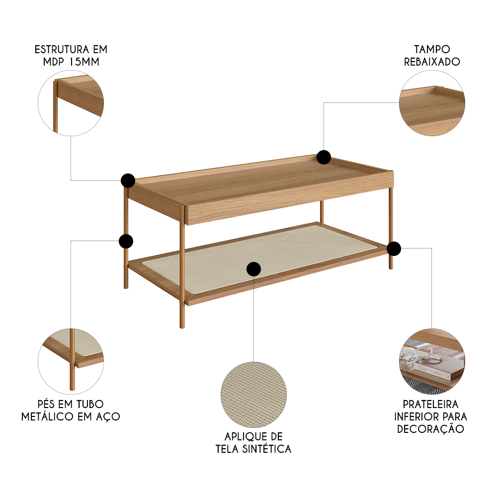 Mesa de Centro Para Sala Pé Metal Arlo A10 Hanover/Dourado - Mpozenato