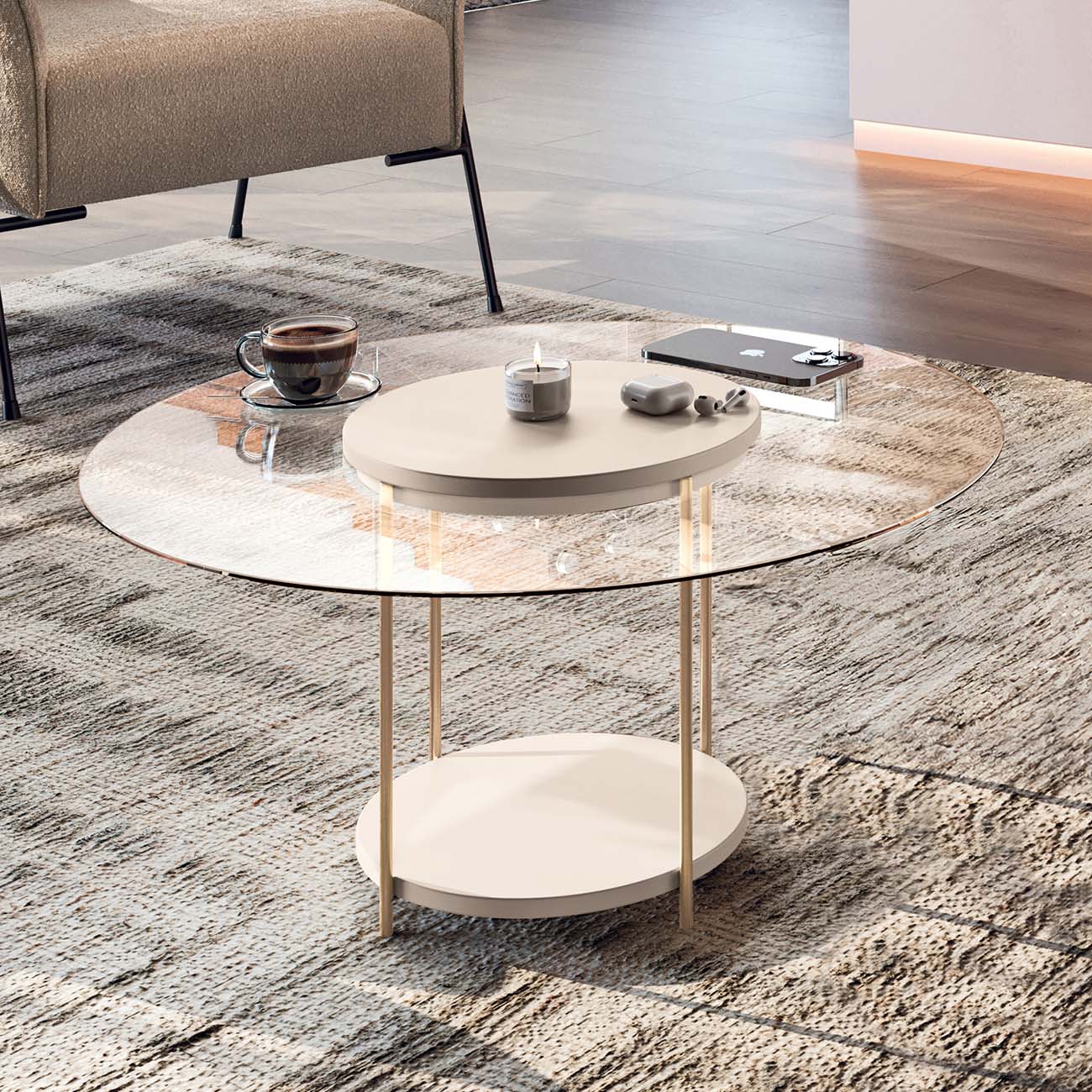 Mesa de Centro Redonda Tampo de Vidro Mindy H01 Off White - Mpozenato