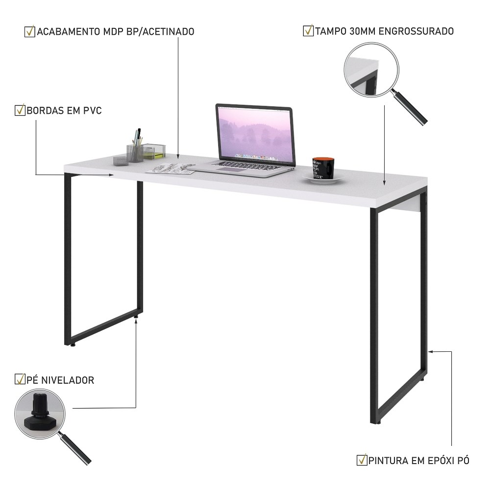 Mesa de Escritório Escrivaninha 135cm Dynamica Industrial C08 Branco Chess - Mpozenato