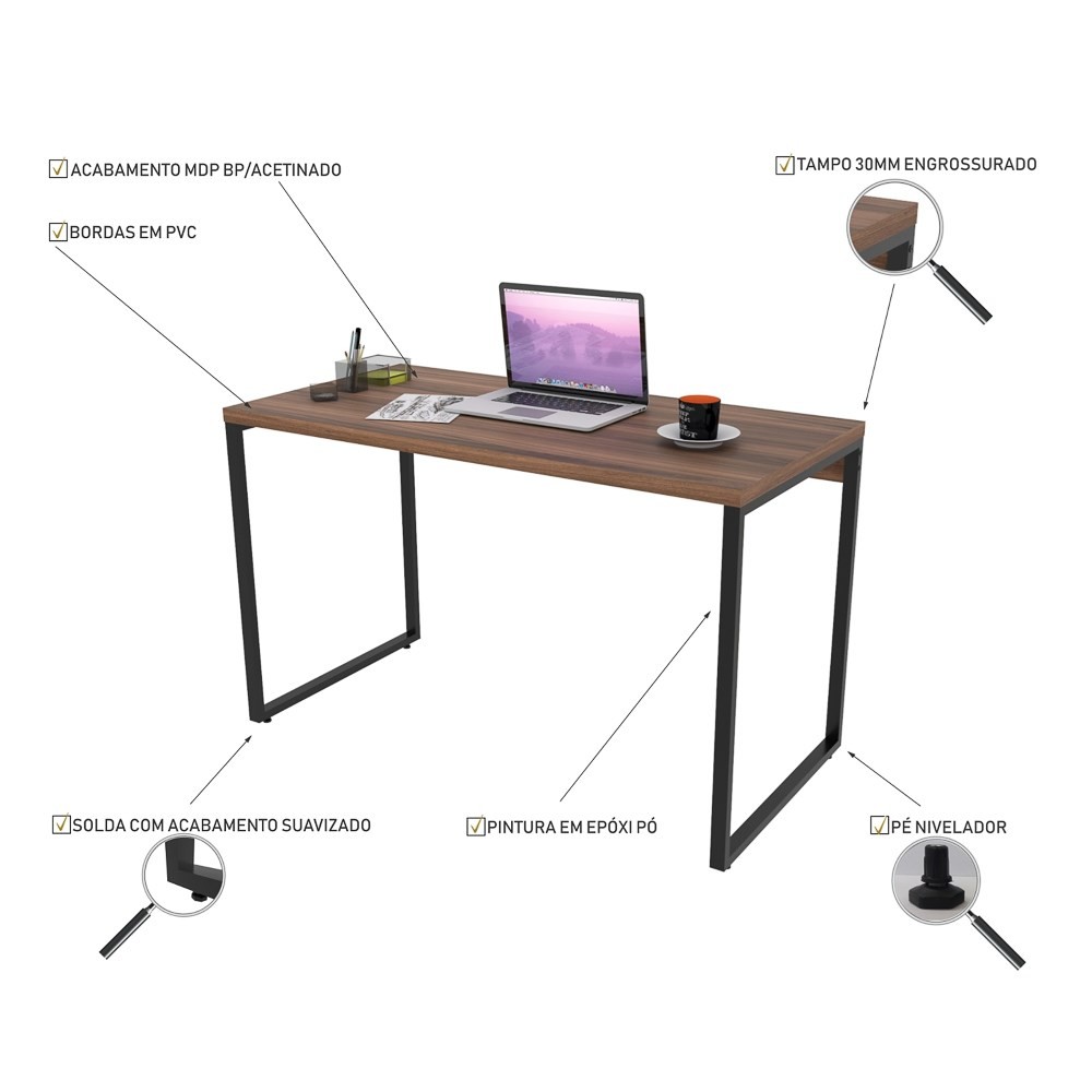 Mesa de Escritório Office 135cm Estilo Industrial Prisma C08 Nogal - Mpozenato
