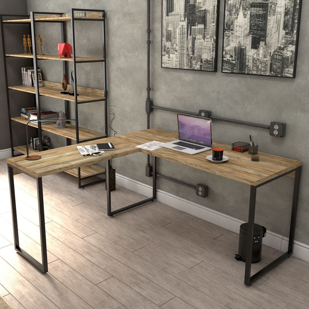 Mesa de Escritório Office em L 150x150cm Estilo Industrial Prisma C08 Carvalho - Mpozenato