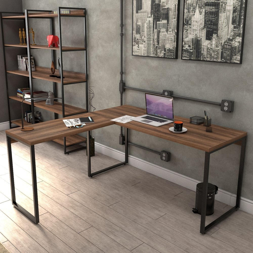 Mesa de Escritório Office em L 150x150cm Estilo Industrial Prisma C08 Nogal - Mpozenato