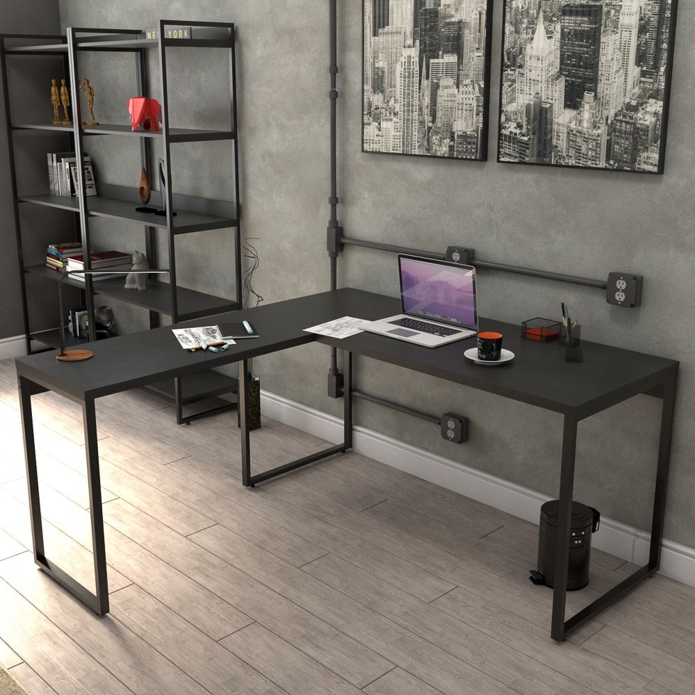 Mesa de Escritório Office em L 150x150cm Estilo Industrial Prisma C08 Preto Onix - Mpozenato