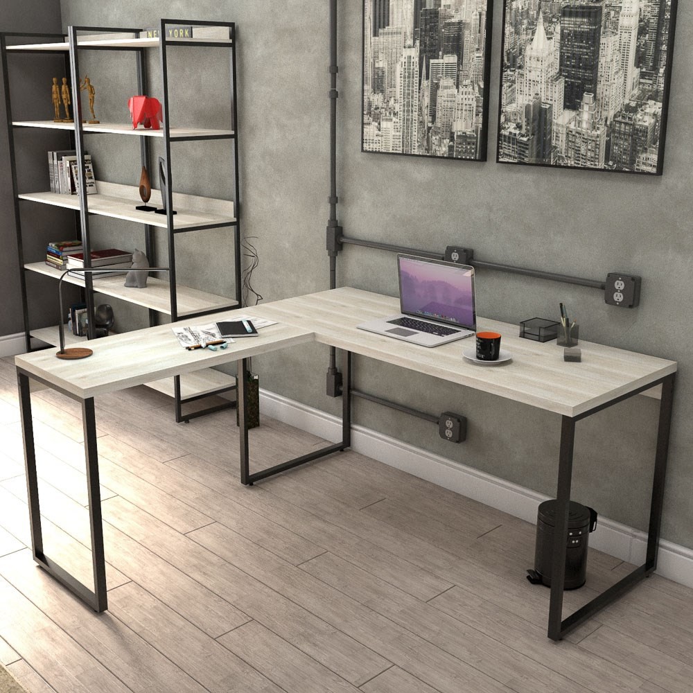 Mesa de Escritório Office em L 150x150cm Estilo Industrial Prisma C08 Snow - Mpozenato
