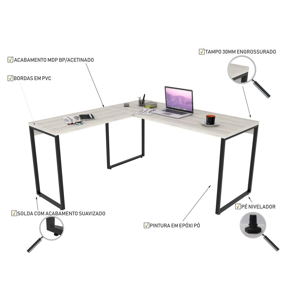 Mesa de Escritório Office em L 150x150cm Estilo Industrial Prisma C08 Snow - Mpozenato