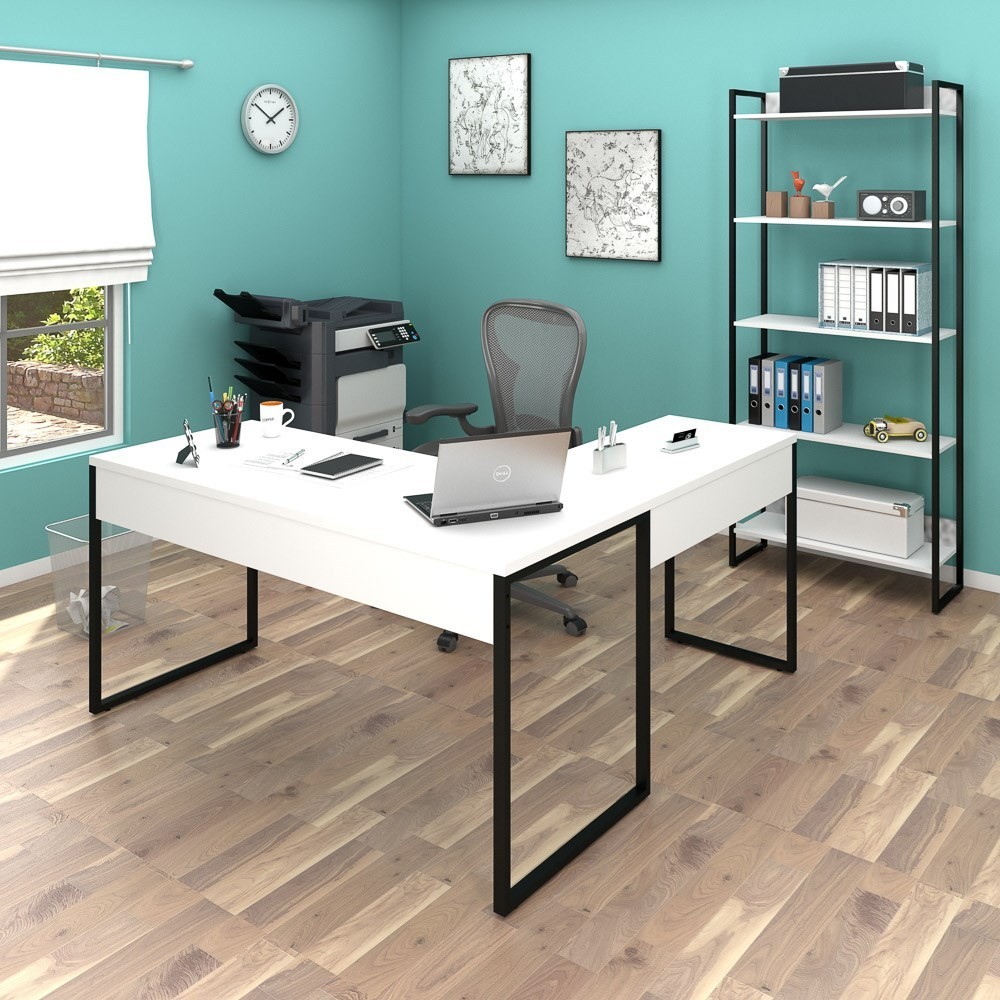 Mesa em L e Estante para Escritório Studio Industrial M18 Branco - Mpozenato