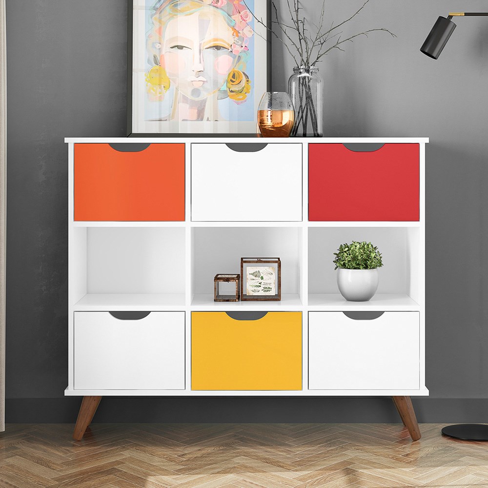 Nicho Organizador Multifuncional 3 Nichos 6 Gavetas Pés Retrô Cube Q01 Branco/Colorido - Mpozenato