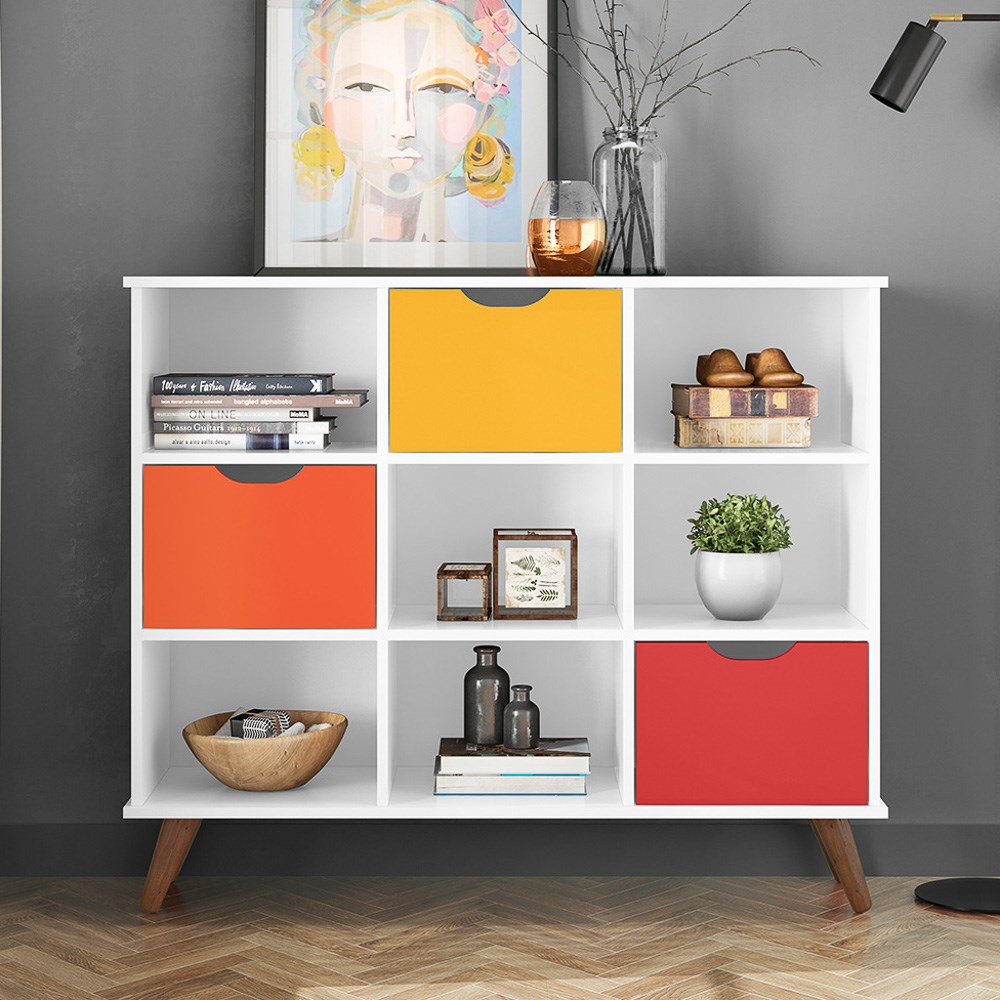 Nicho Organizador Multifuncional 6 Nichos 3 Gavetas Pés Retrô Cube Q01 Branco/Colorido - Mpozenato