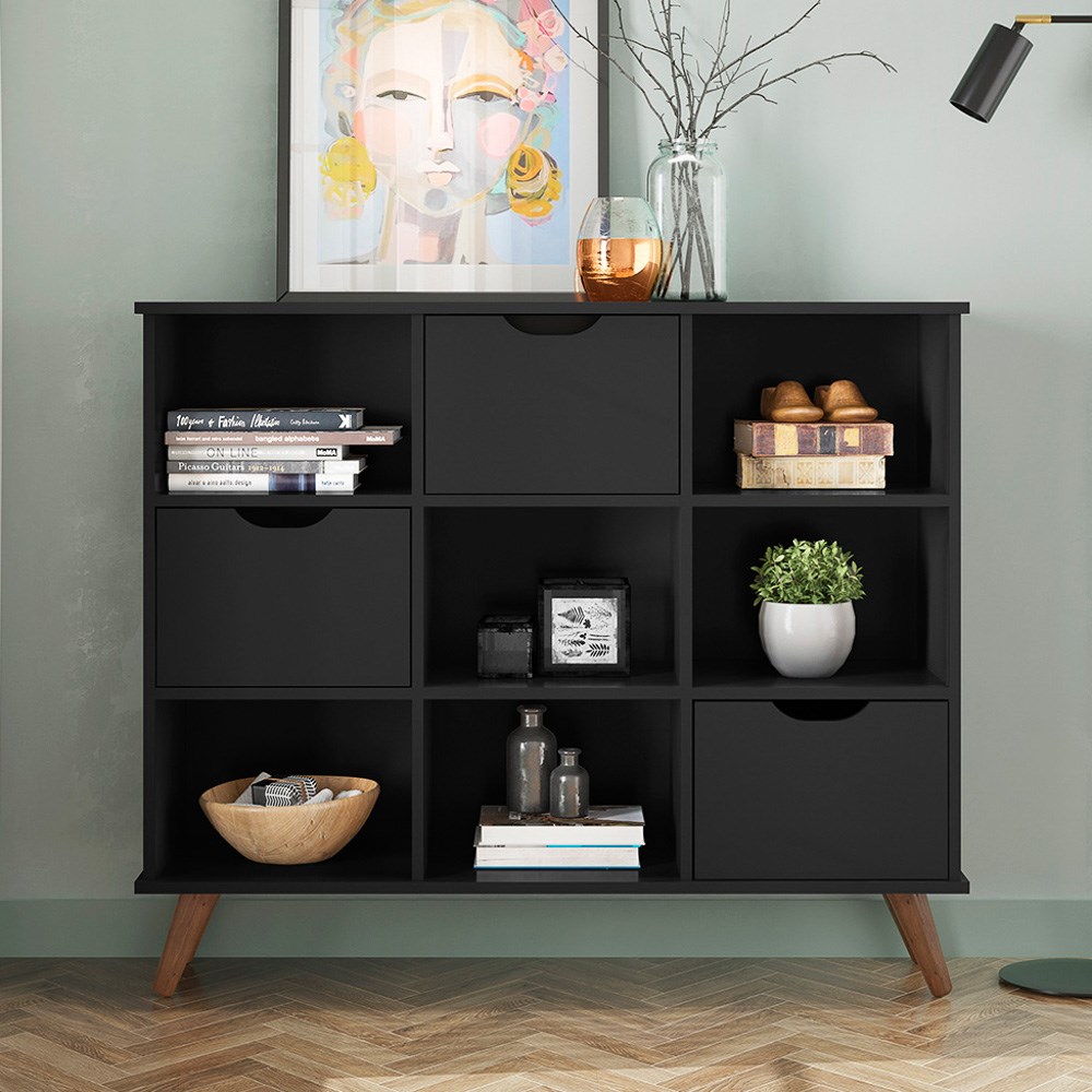Nicho Organizador Multifuncional 6 Nichos 3 Gavetas Pés Retrô Cube Q01 Preto - Mpozenato