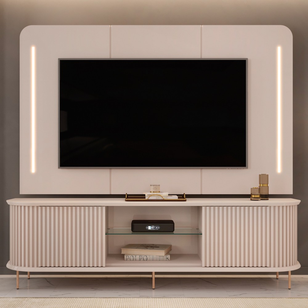 Painel Para TV 75 Pol e Rack Bancada Ripado 218cm World D04 Off White - Mpozenato