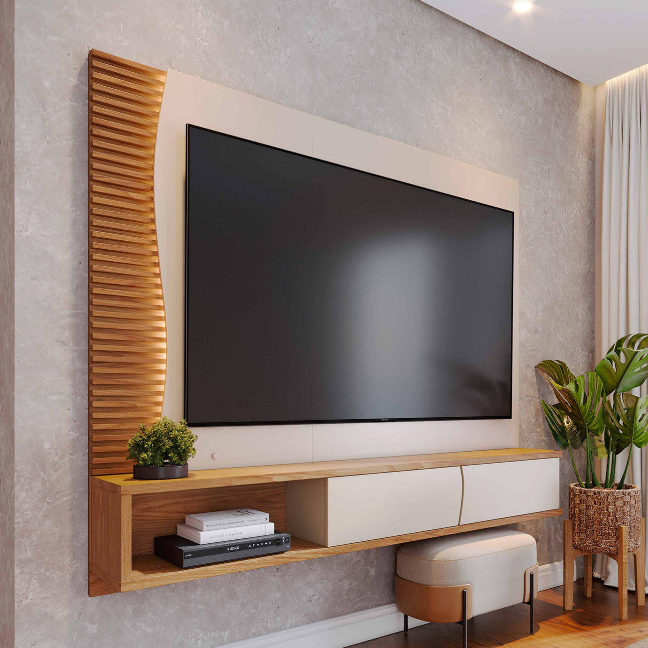 Painel TV 65 Pol e Bancada Suspensa Sintra Off White/Freijó C05 - Mpozenato