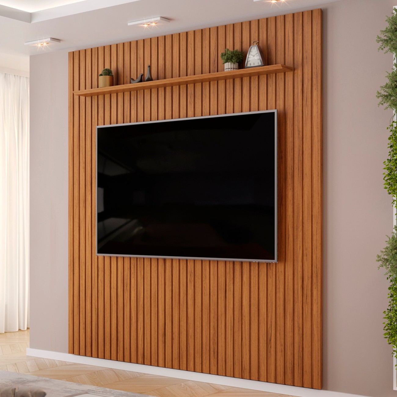 Painel TV 75 Pol 250cm Suspenso Ripado Noah D04 Freijó - Mpozenato