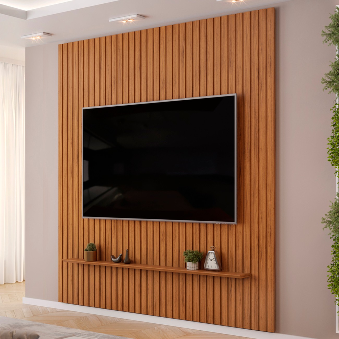 Painel TV 75 Pol 250cm Suspenso Ripado Noah D04 Freijó - Mpozenato
