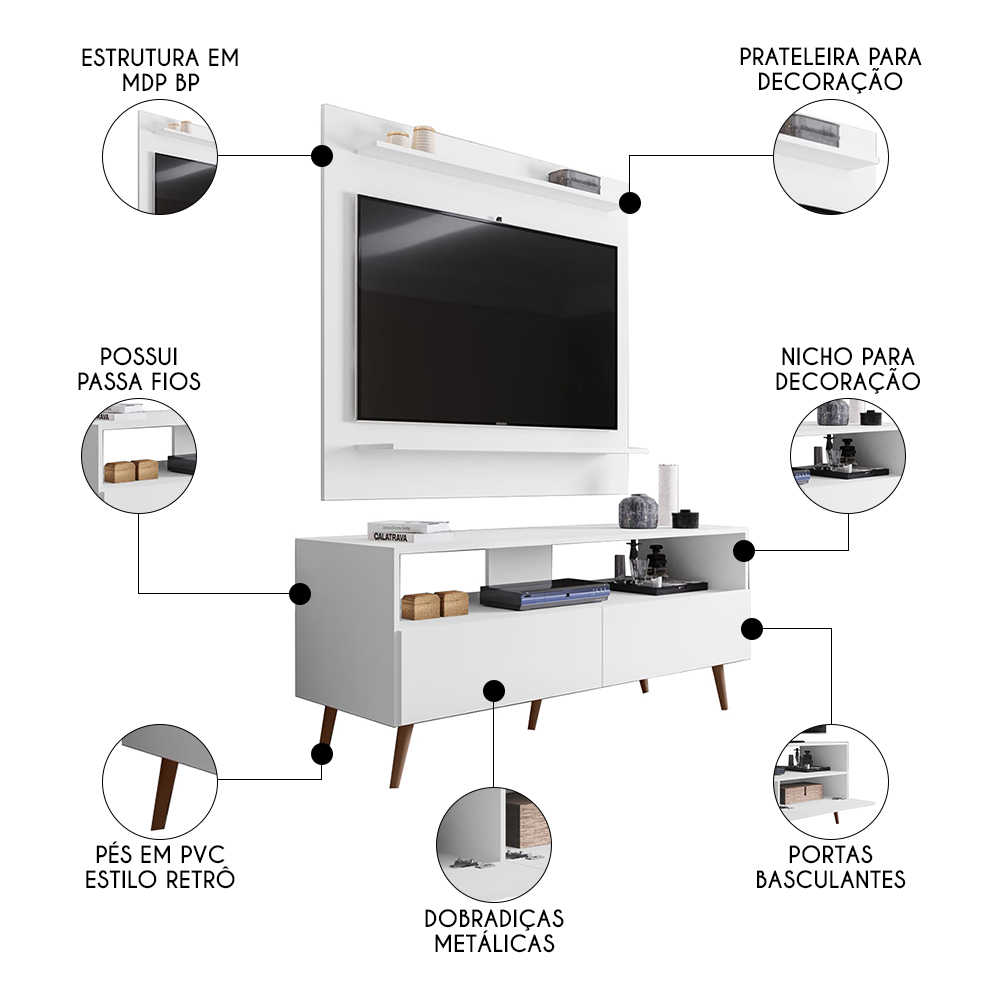 Painel para TV 50 Pol Senna e Rack Bancada 136cm Versa M24 Branco - Mpozenato