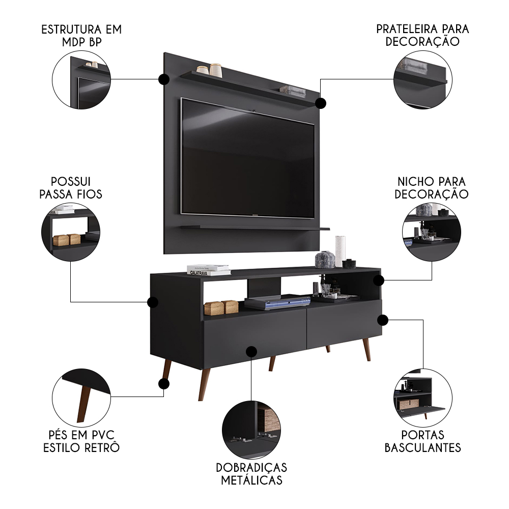 Painel para TV 50 Pol Senna e Rack Bancada 136cm Versa M24 Preto - Mpozenato