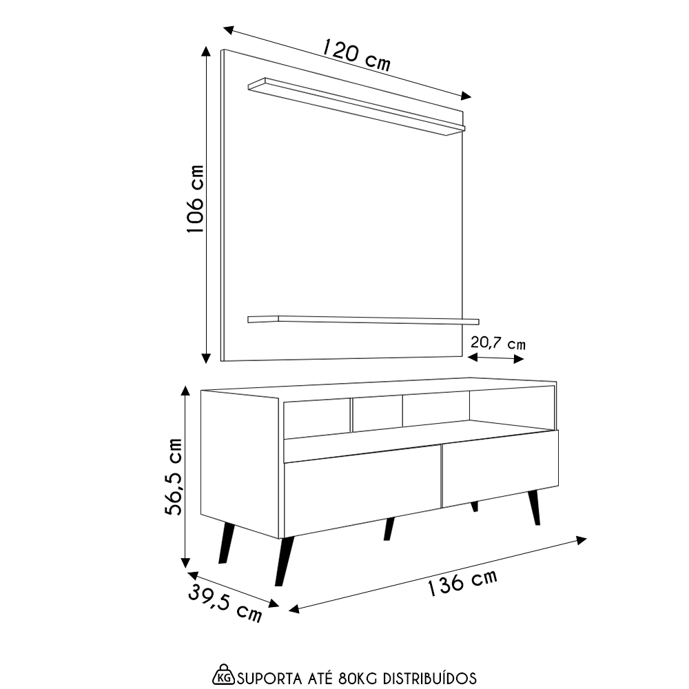 Painel para TV 50 Pol Senna e Rack Bancada 136cm Versa M24 Preto - Mpozenato