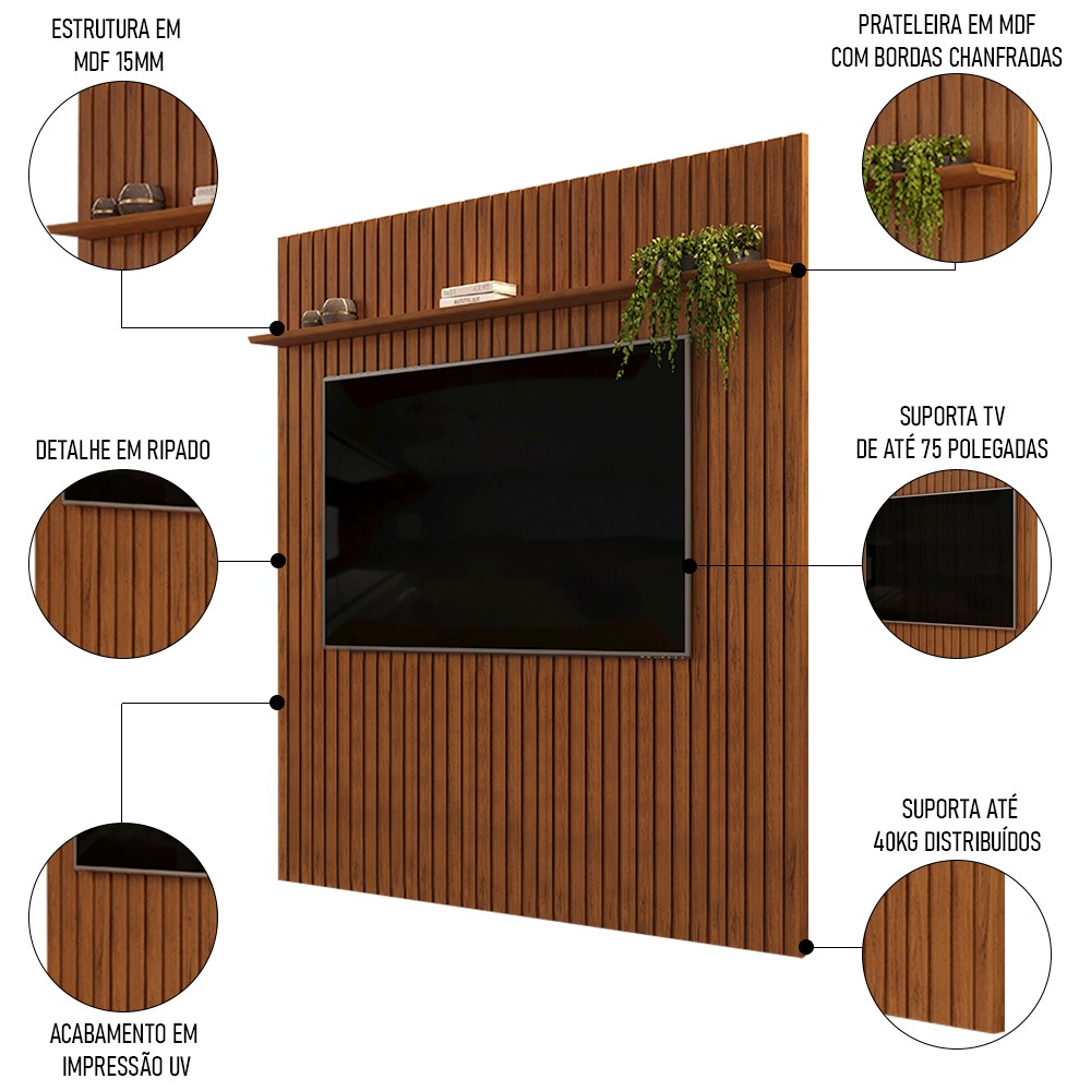 Painel para TV 75 Polegadas Ripado 223x240cm Pratisk D04 Freijó - Mpozenato