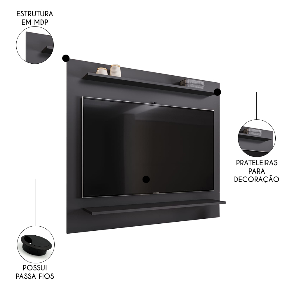 Painel para TV Suspenso 50 Pol 120cm 2 Prateleiras Versa M24 Preto - Mpozenato