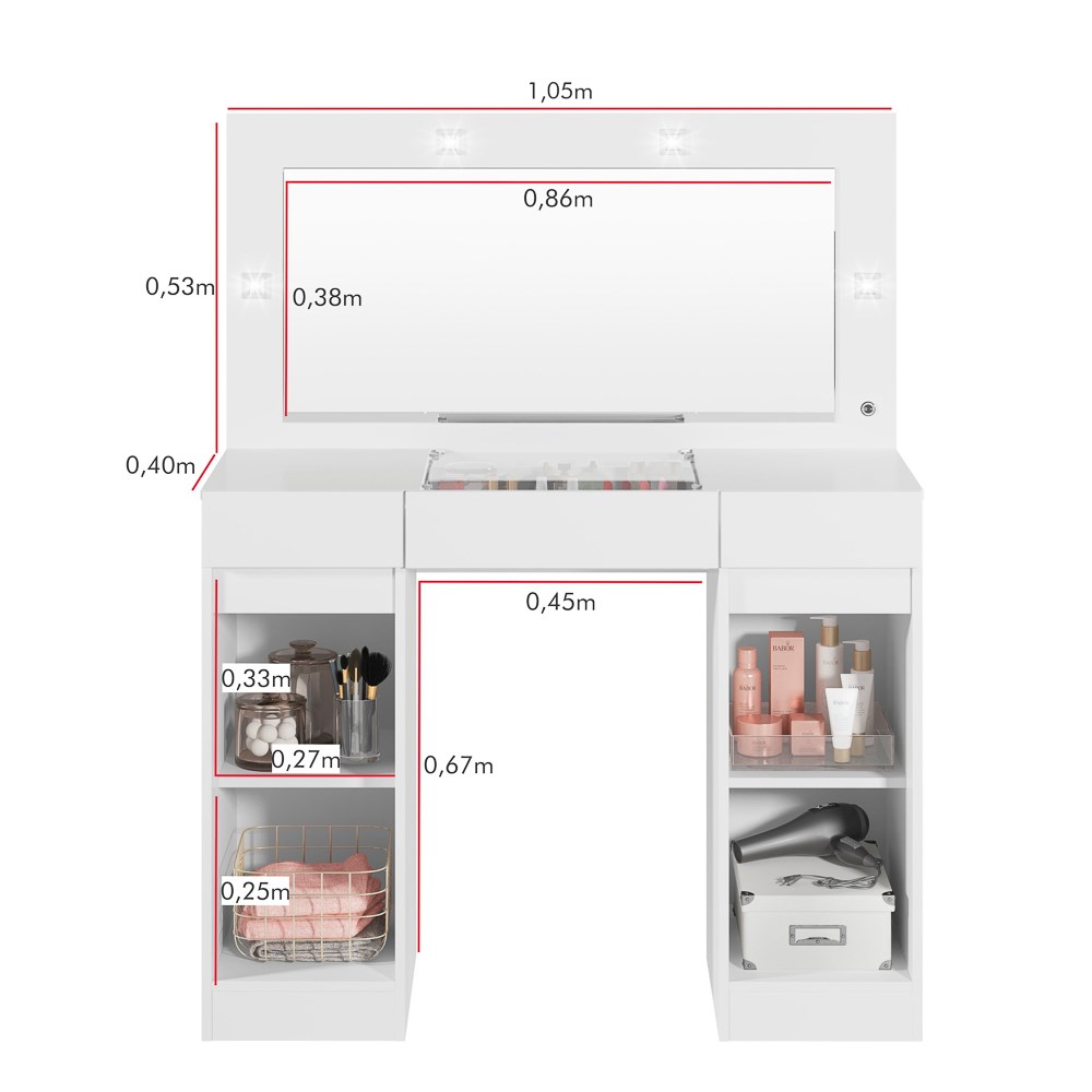 Penteadeira Camarim Com Espelho e LED 3 Gavetas Studio Beauty A02 Branco - Mpozenato