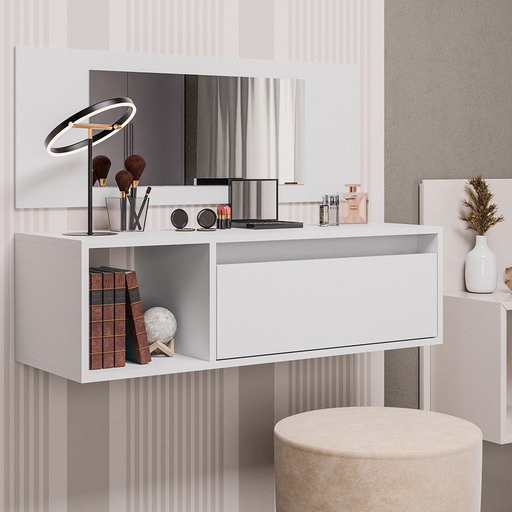 Penteadeira Camarim com Espelho Suspensa 90cm 1 Gaveta Elle M24 Branco - Mpozenato