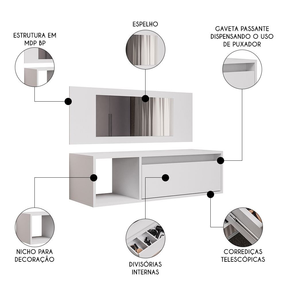Penteadeira Camarim com Espelho Suspensa 90cm 1 Gaveta Elle M24 Branco - Mpozenato