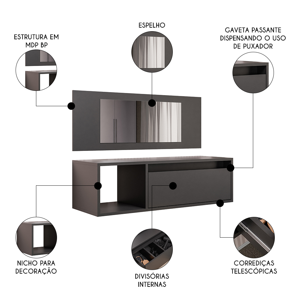Penteadeira Camarim com Espelho Suspensa 90cm 1 Gaveta Elle M24 Preto - Mpozenato