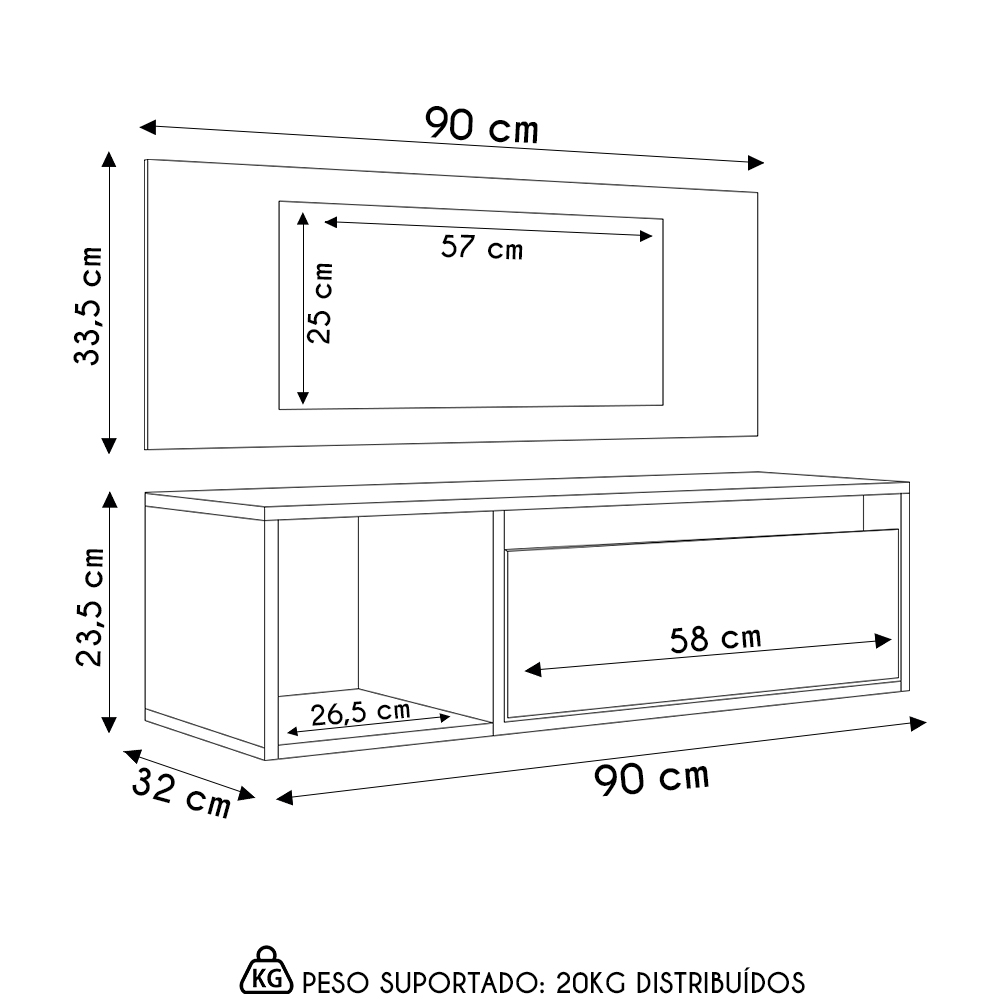 Penteadeira Camarim com Espelho Suspensa 90cm 1 Gaveta Elle M24 Preto - Mpozenato