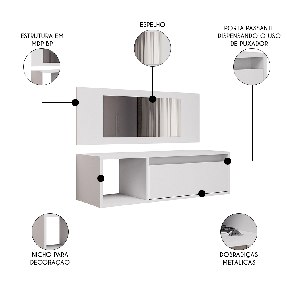 Penteadeira Camarim com Espelho Suspensa 90cm 1 Porta Elle M24 Branco - Mpozenato