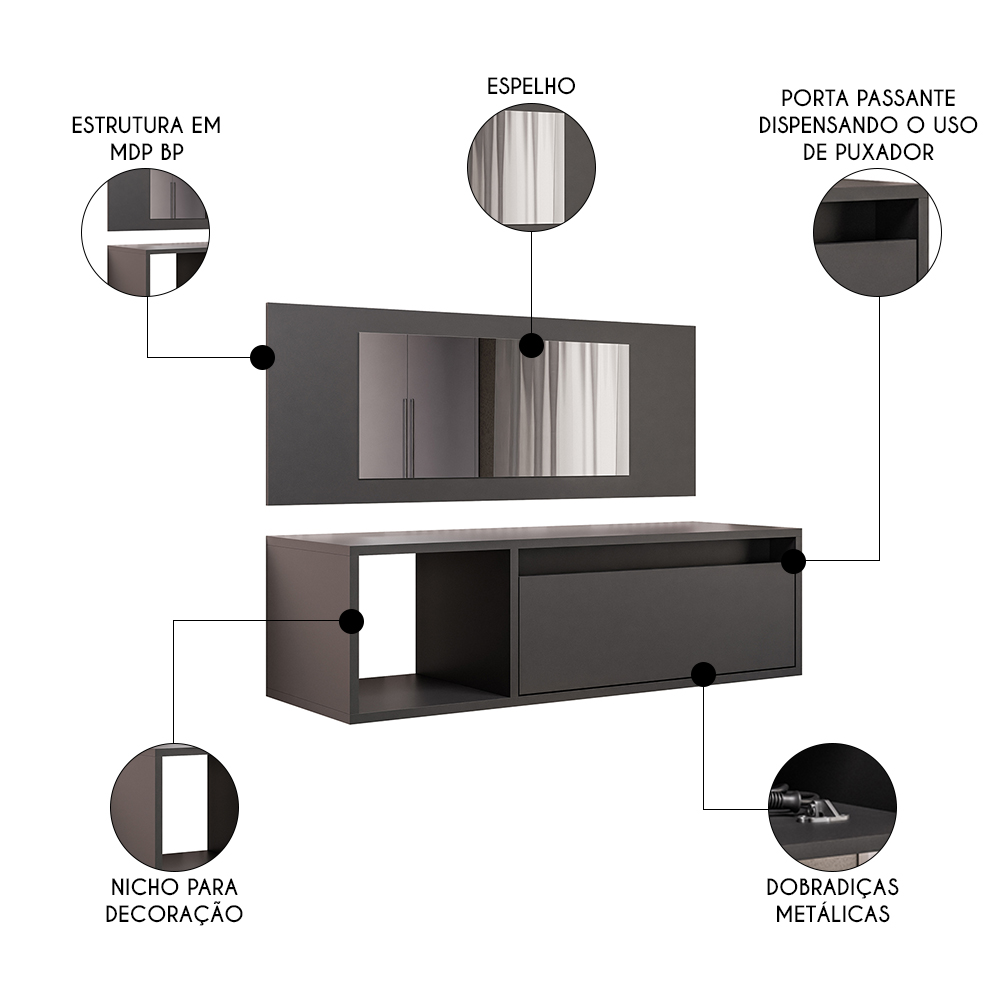 Penteadeira Camarim com Espelho Suspensa 90cm 1 Porta Elle M24 Preto - Mpozenato