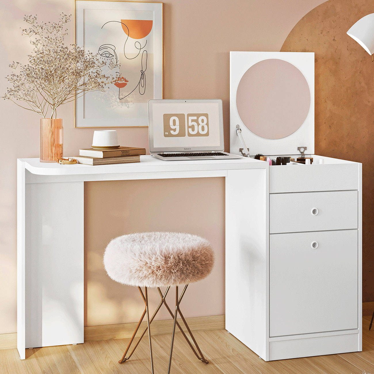 Penteadeira Escrivaninha com Espelho 129cm Mandi A02 Branco - Mpozenato