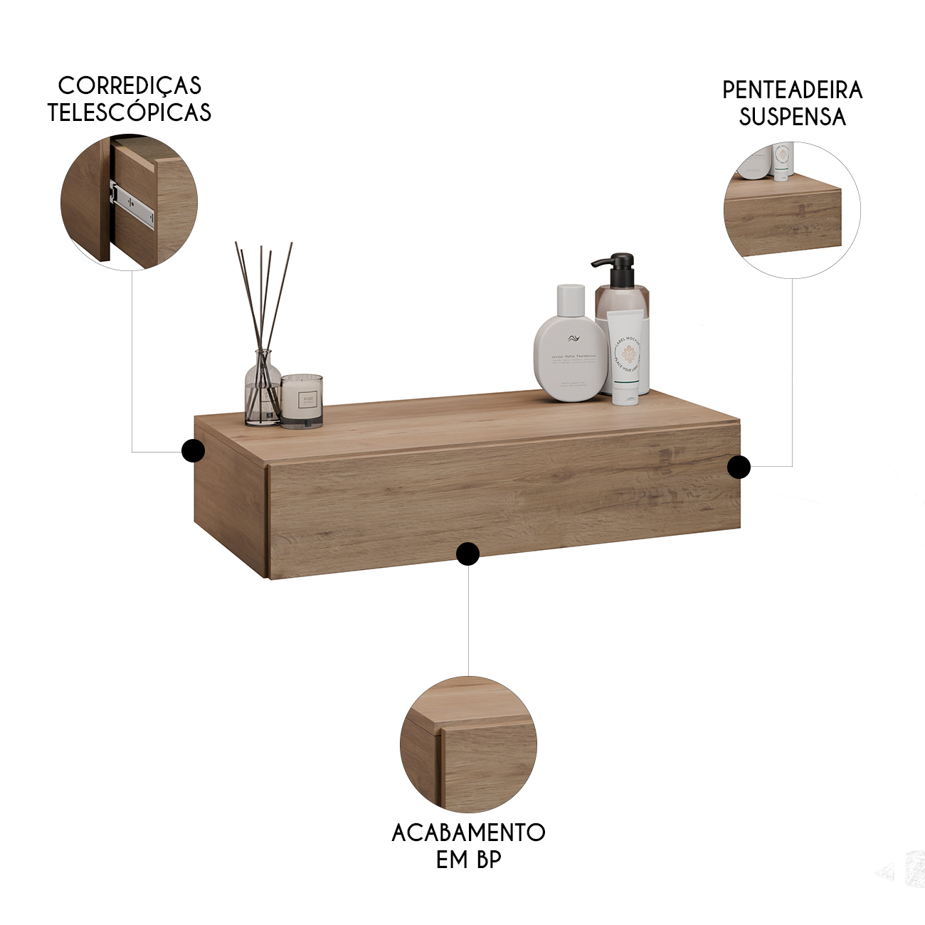 Penteadeira Suspensa 60cm 1 Gaveta Carina Z34 Freijó        - Mpozenato