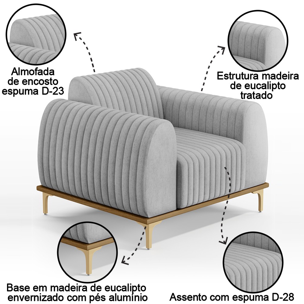 Poltrona Decorativa Base Gold Molino D06 Linho D-315 Cinza  - Mpozenato