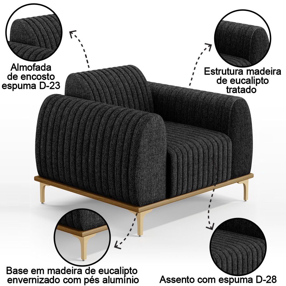 Poltrona Decorativa Base Gold Molino D06 Linho D-465 Chumbo  - Mpozenato