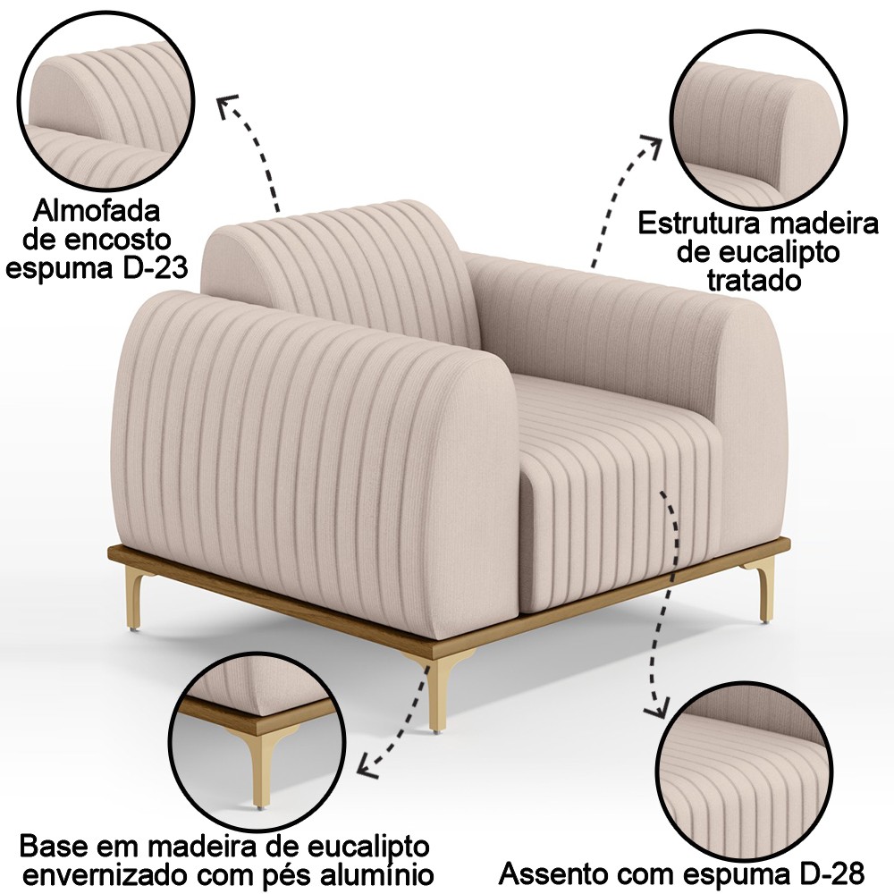 Poltrona Decorativa Base Gold Molino D06 Suede C-309 Bege - Mpozenato