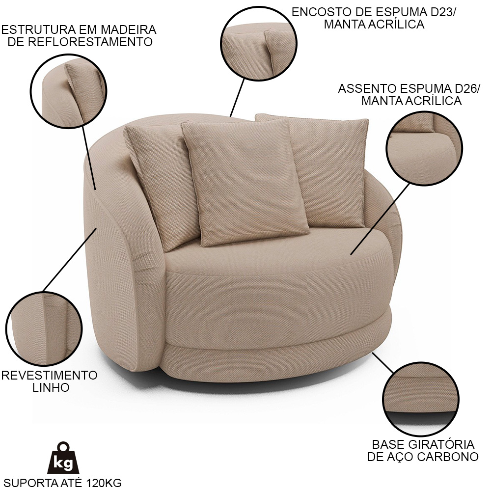 Poltrona Decorativa Giratória para Sala 122cm Kaly M22 Linho Cru - Mpozenato