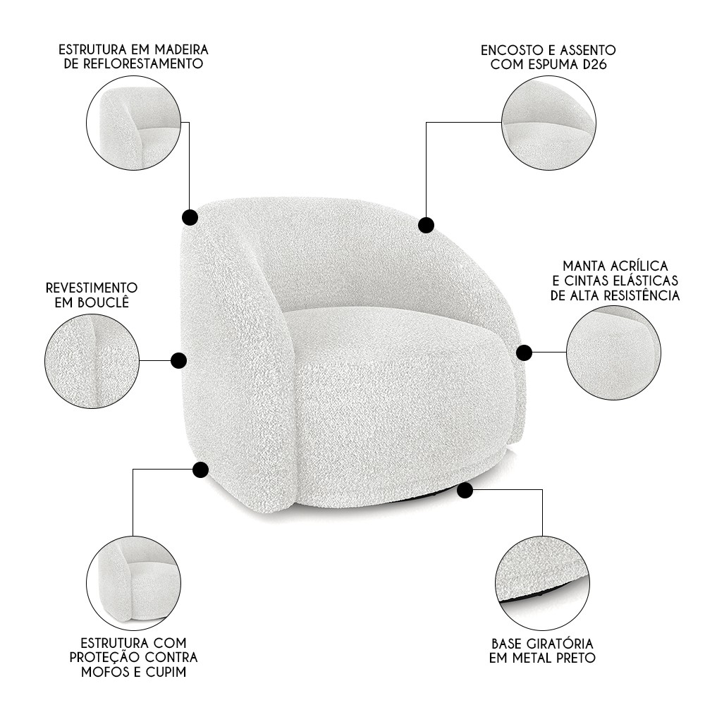 Poltrona Decorativa Orgânica Giratória Kit 2 Lya M22 Boucle Branco - Mpozenato