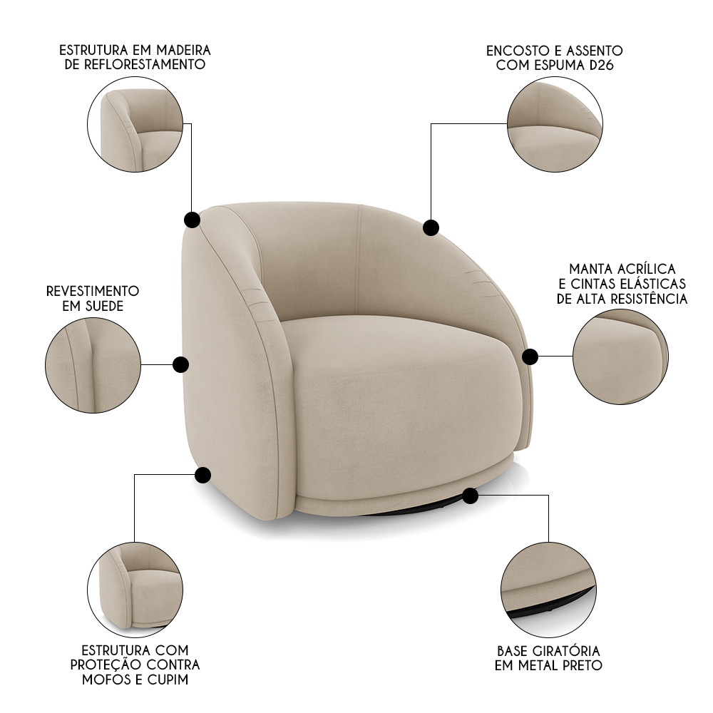 Poltrona Decorativa Orgânica Giratória Kit 2 Lya M22 Suede Bege - Mpozenato