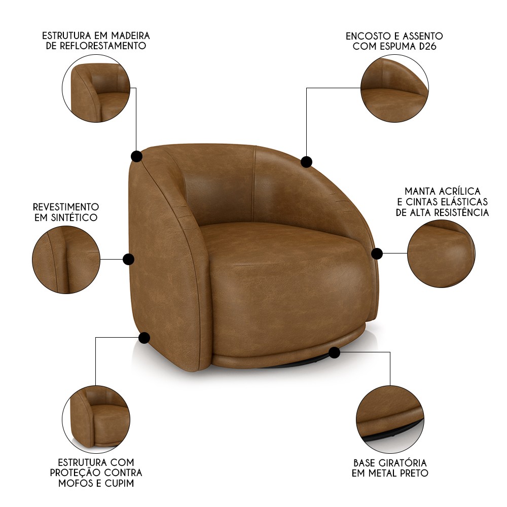 Poltrona Decorativa Orgânica Giratória Lya M22 Sintético Marrom - Mpozenato