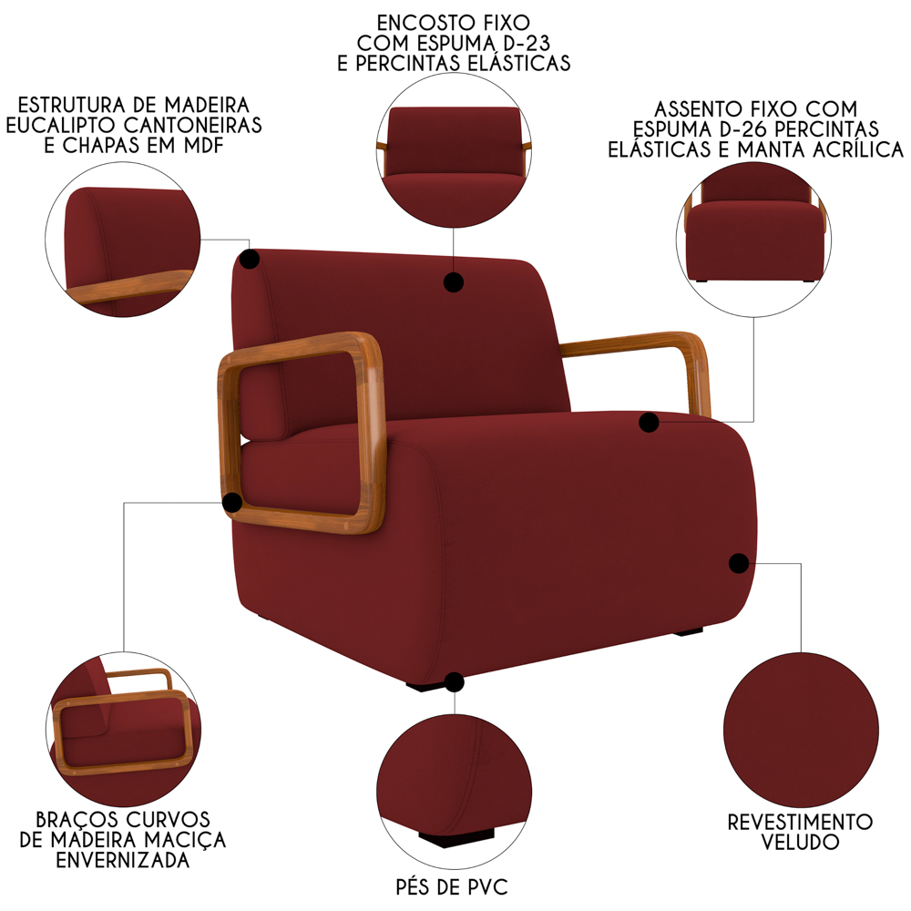 Poltrona Decorativa Orgânica para Sala Belarus Z08 Veludo Vermelho - Mpozenato