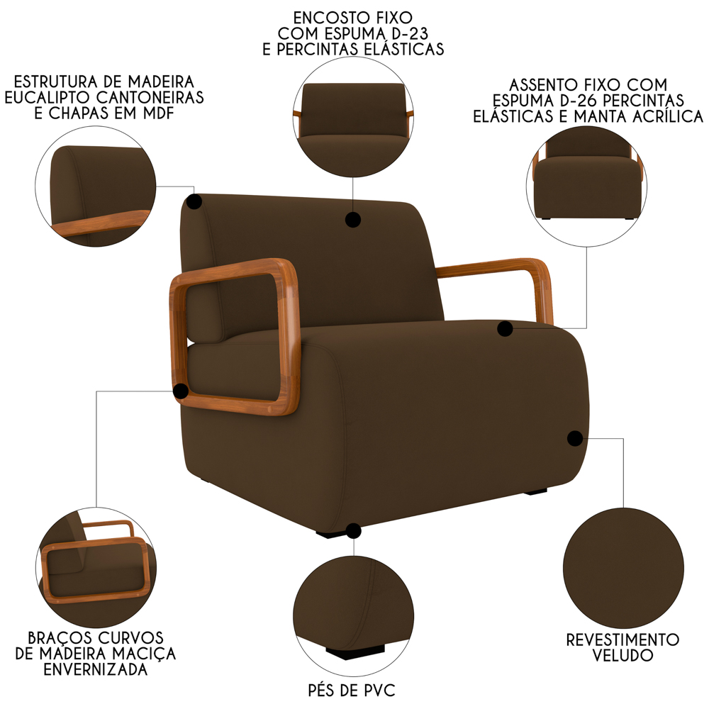Poltrona Decorativa Orgânica para Sala Kit 2 Belarus Z08 Veludo Marrom - Mpozenato