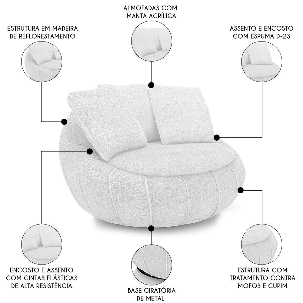 Poltrona Decorativa Redonda Giratória com Almofadas Saphire M22 Bouclê Branco - Mpozenato