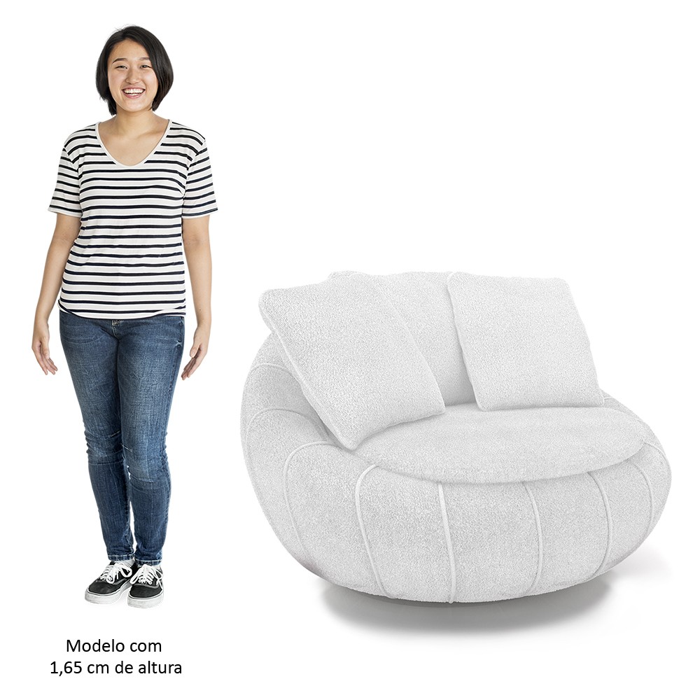 Poltrona Decorativa Redonda Giratória com Almofadas Saphire M22 Bouclê Branco - Mpozenato