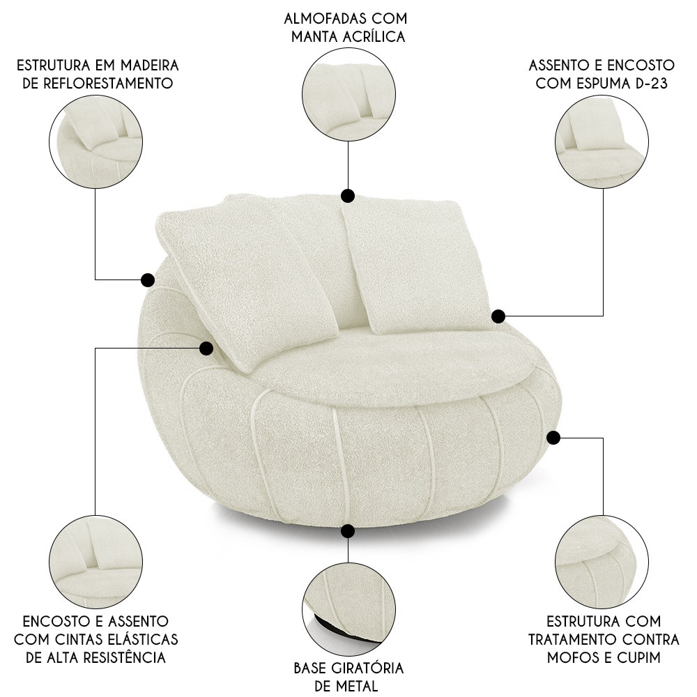 Poltrona Decorativa Redonda Giratória com Almofadas Saphire M22 Boucle Cru - Mpozenato
