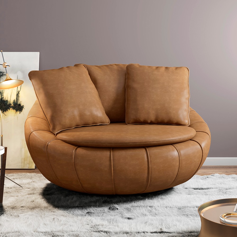 Poltrona Decorativa Redonda Giratória com Almofadas Saphire M22 Sintético Caramelo - Mpozenato
