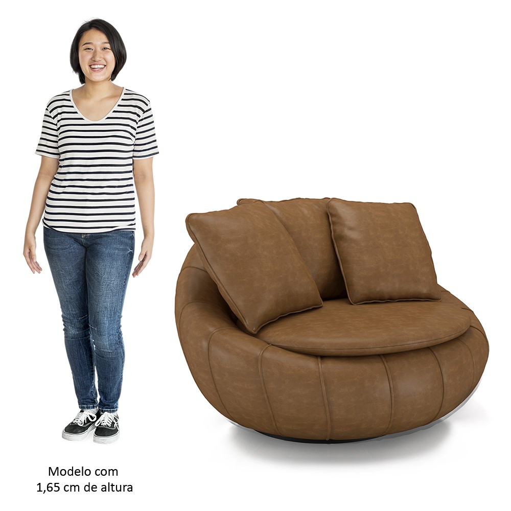 Poltrona Decorativa Redonda Giratória com Almofadas Saphire M22 Sintético Caramelo - Mpozenato