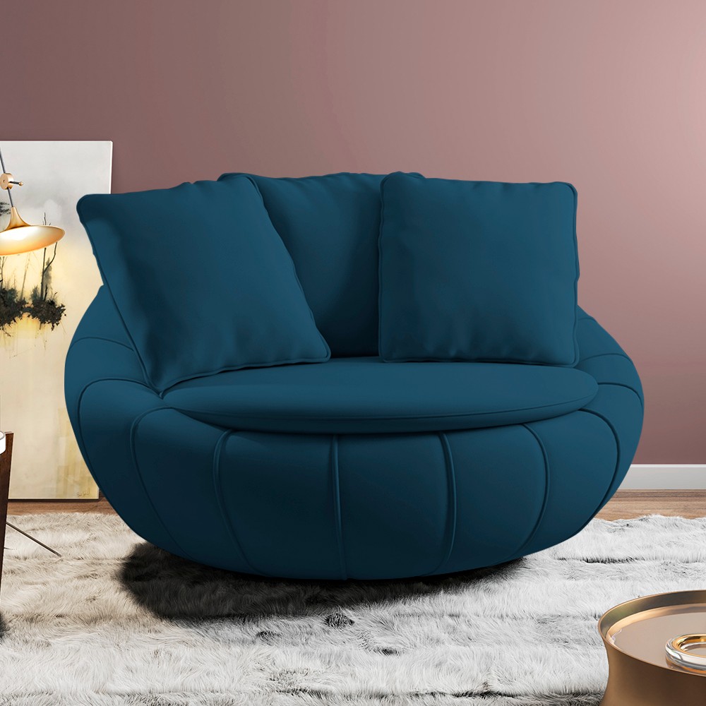 Poltrona Decorativa Redonda Giratória com Almofadas Saphire M22 Veludo Azul - Mpozenato