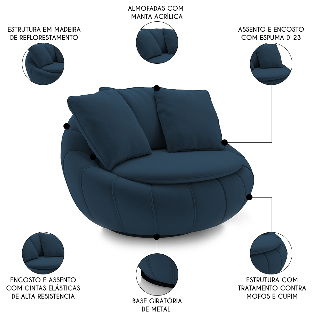 Poltrona Decorativa Redonda Giratória com Almofadas Saphire M22 Veludo Azul - Mpozenato