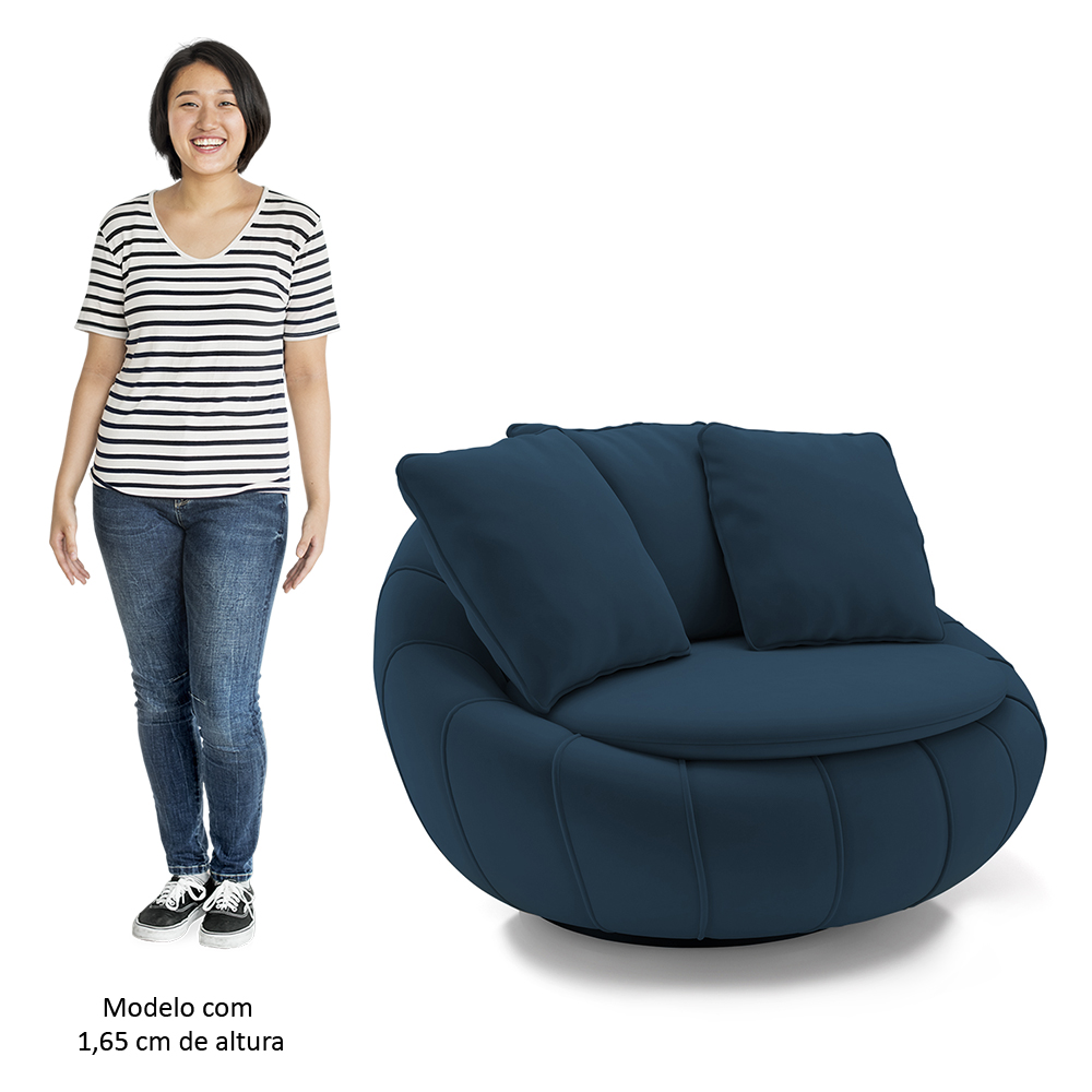 Poltrona Decorativa Redonda Giratória com Almofadas Saphire M22 Veludo Azul - Mpozenato
