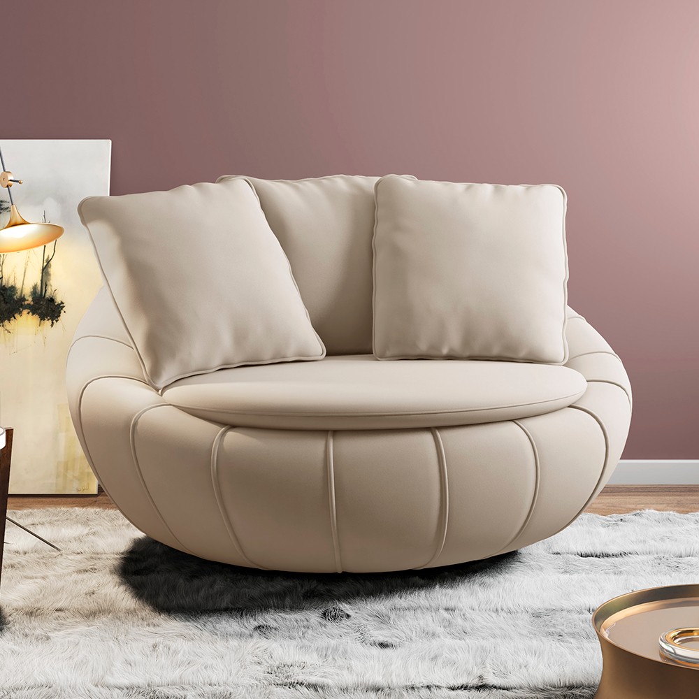 Poltrona Decorativa Redonda Giratória com Almofadas Saphire M22 Veludo Bege - Mpozenato