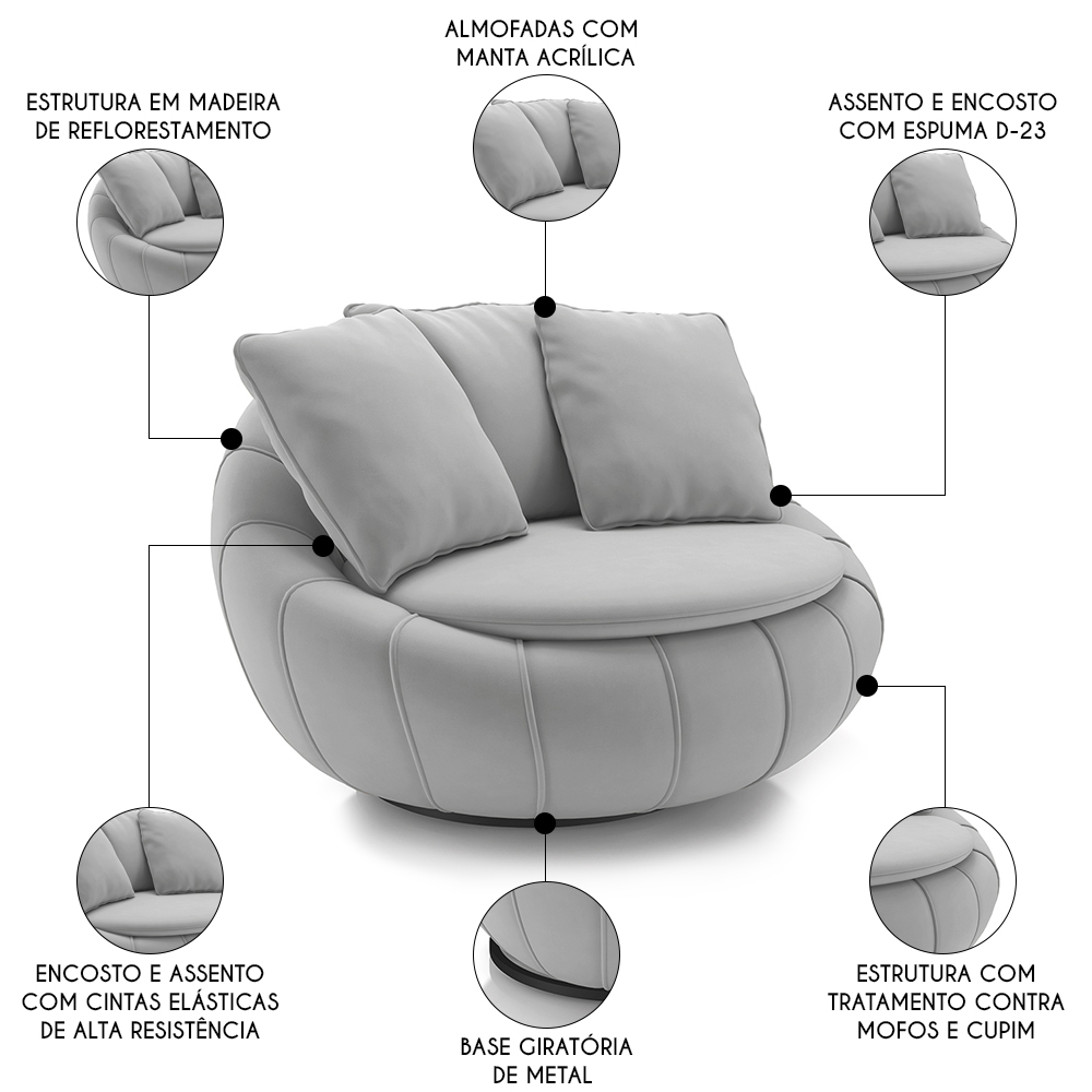 Poltrona Decorativa Redonda Giratória com Almofadas Saphire M22 Veludo Cinza - Mpozenato